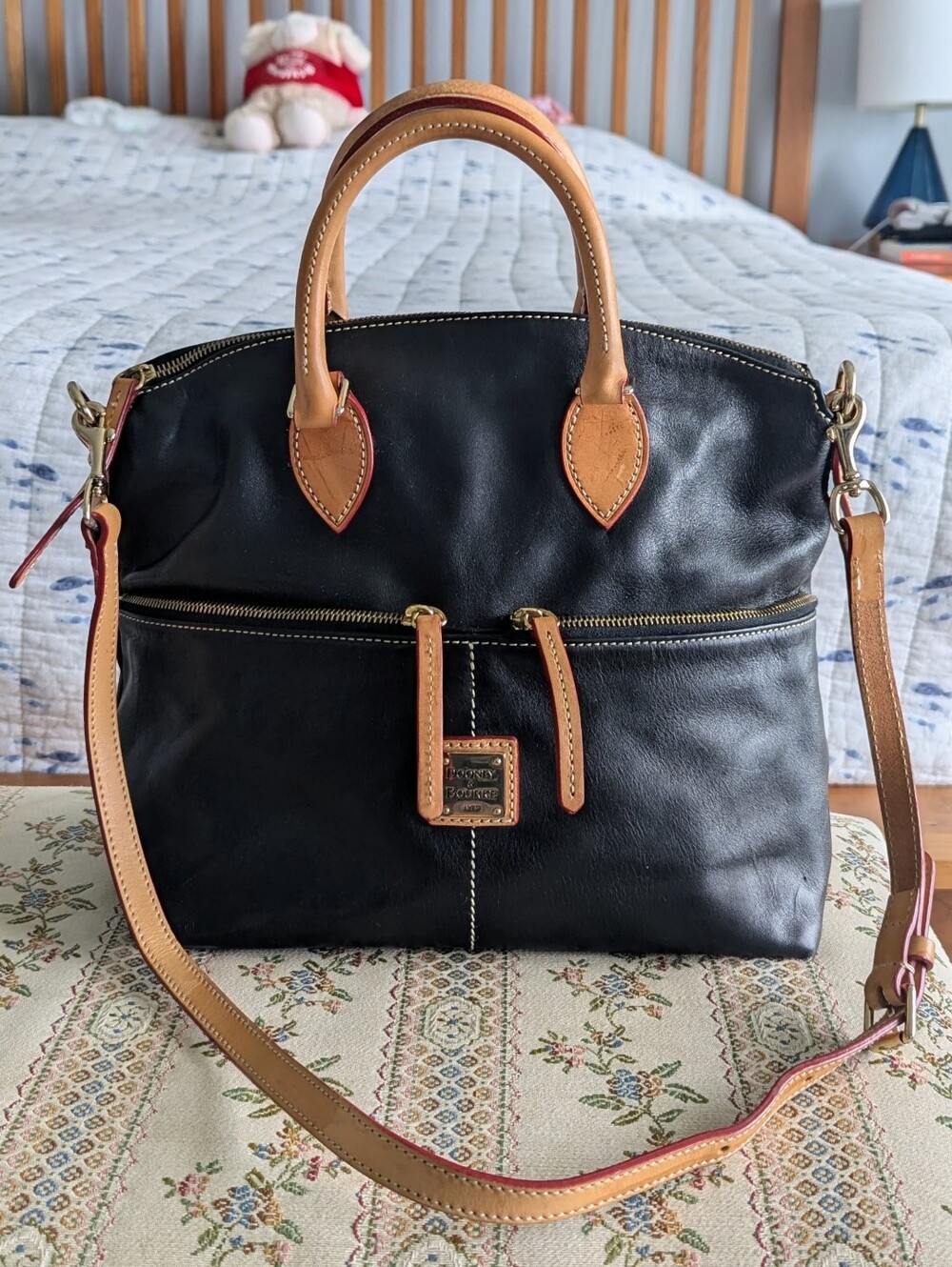 Dooney & Bourke Black Leather Satchel with Tan Trim